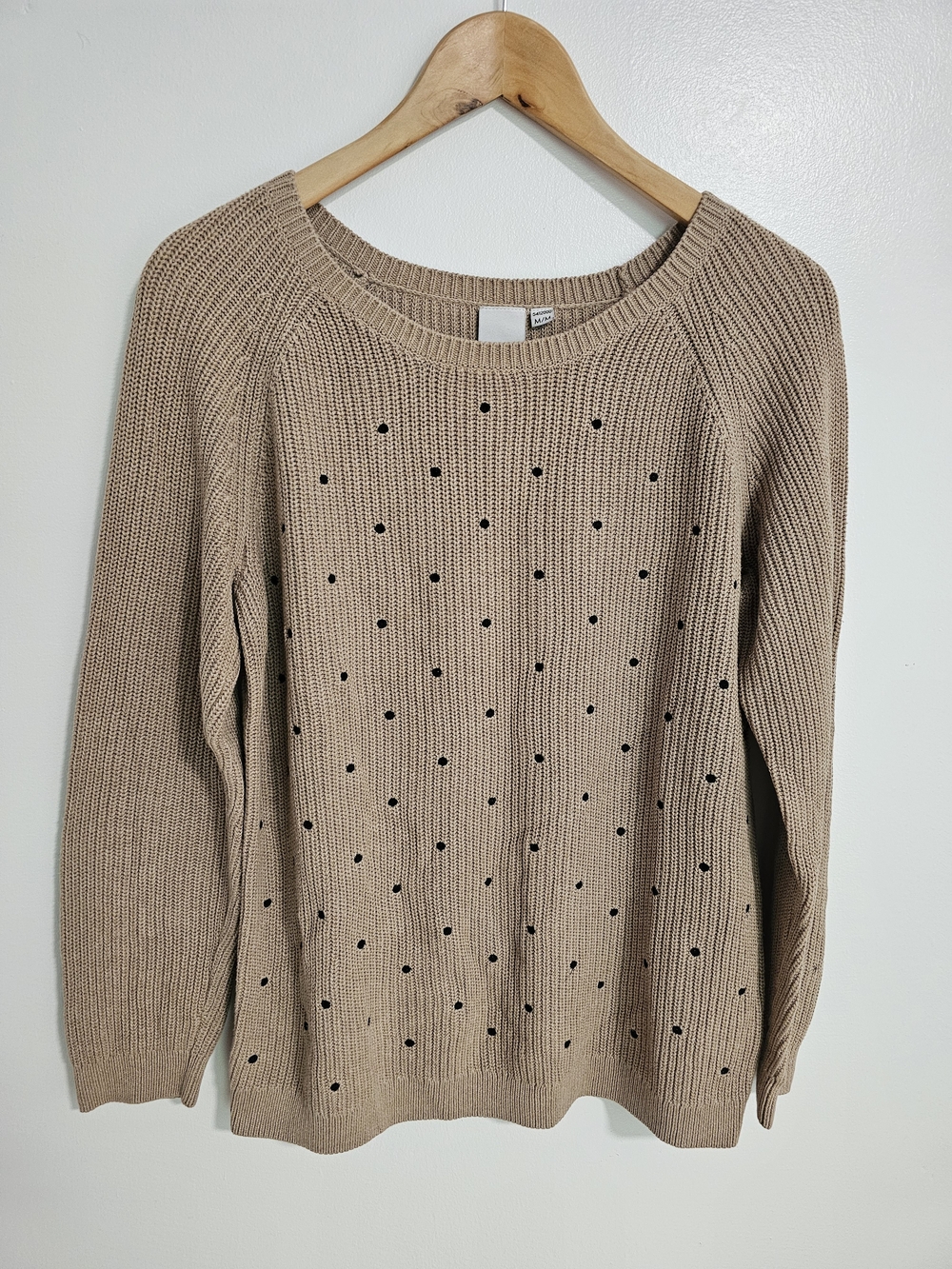 Elle Taupe Beige Polka Dot Crew Neck Sweater Size Medium 100% Cotton